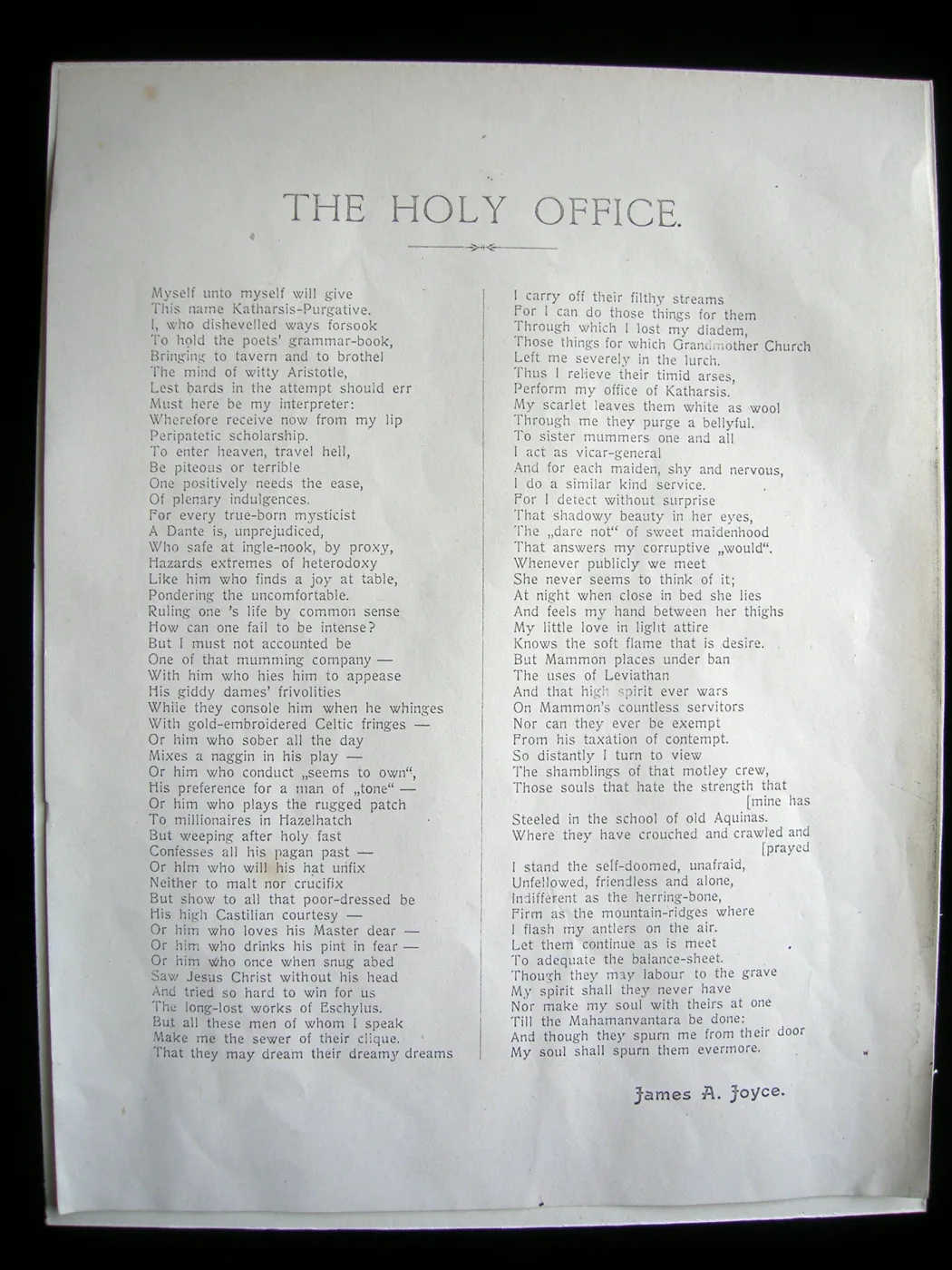 Copy of 1904 broadside 'The Holy Office' by James Joyce