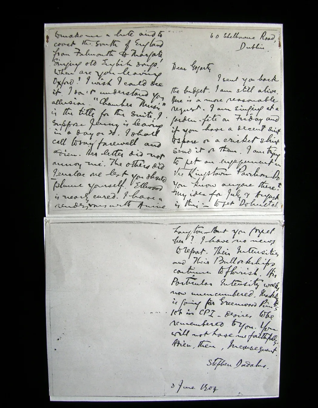 Copy of 3 June 1904 letter from James Joyce to Oliver St John Gogarty