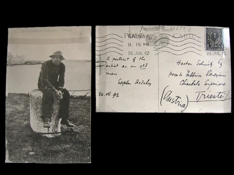 Photos of 2 sides of 26 July 1912 postcard from James Joyce to Italo Svevo