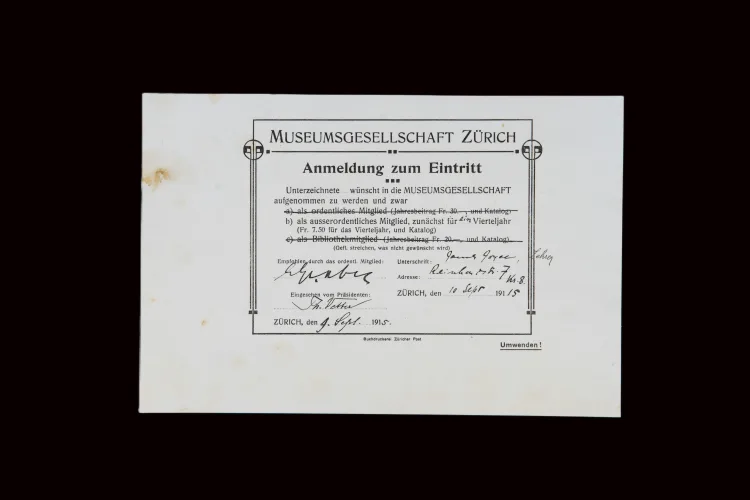 Copy of Joyce's library card, Zurich 1915