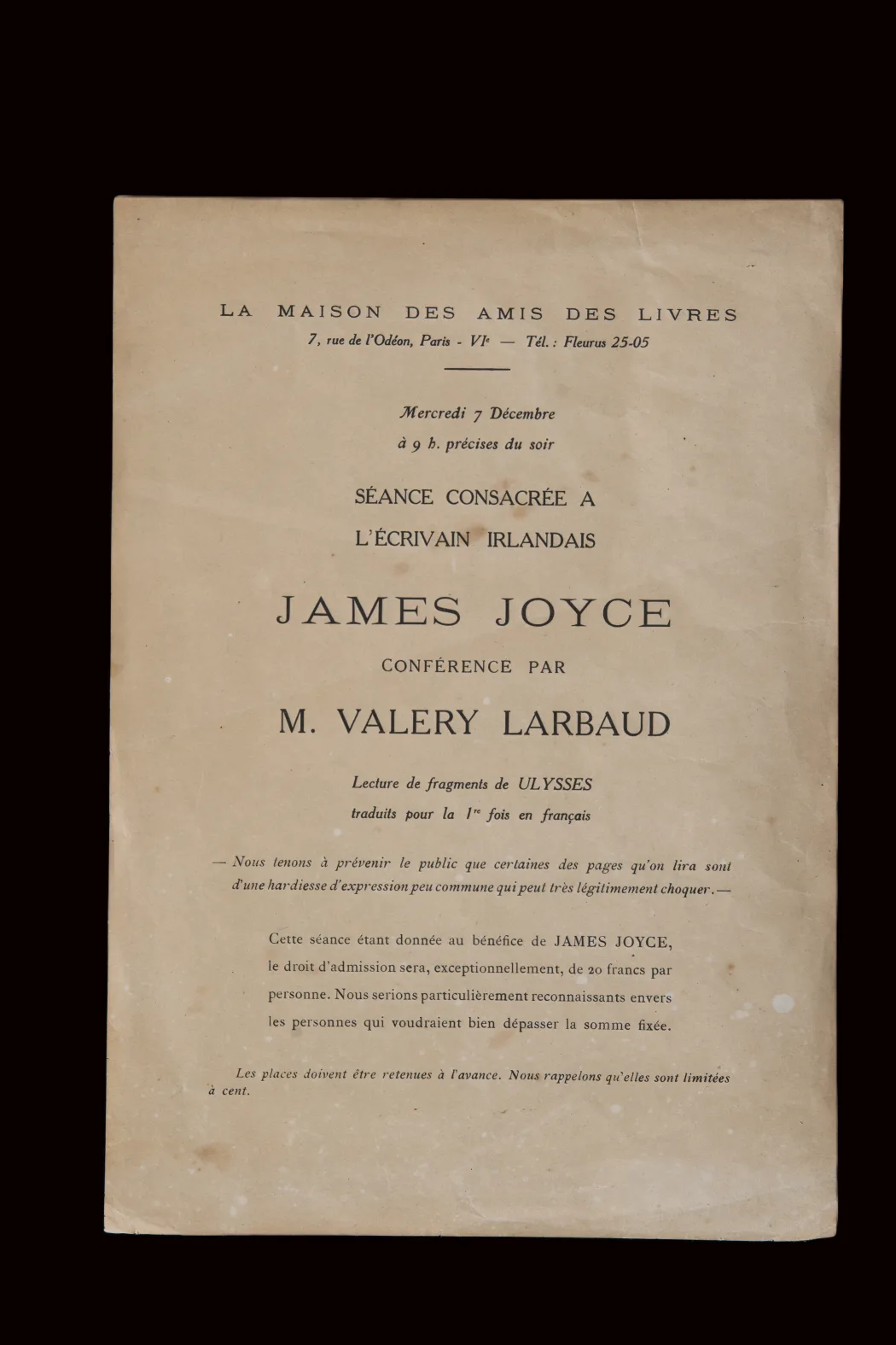 Notice of readings from Ulysses and lecture by Valery Larbaud, 7 December 1921