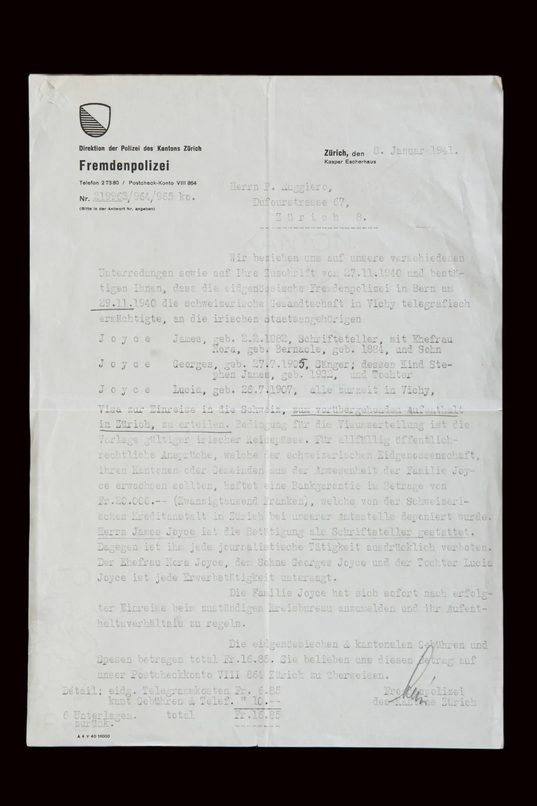 Official entry permit allowing Joyce family into Switzerland, dated 8 January 1941