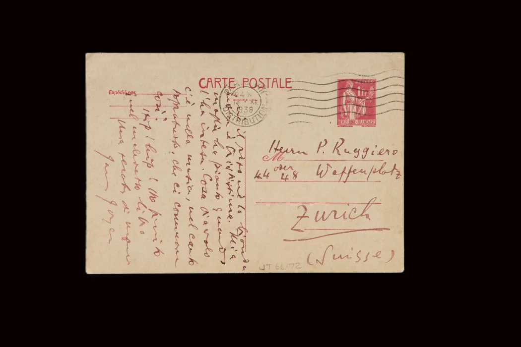 Original MS card from James Joyce to Paul Ruggiero 1938