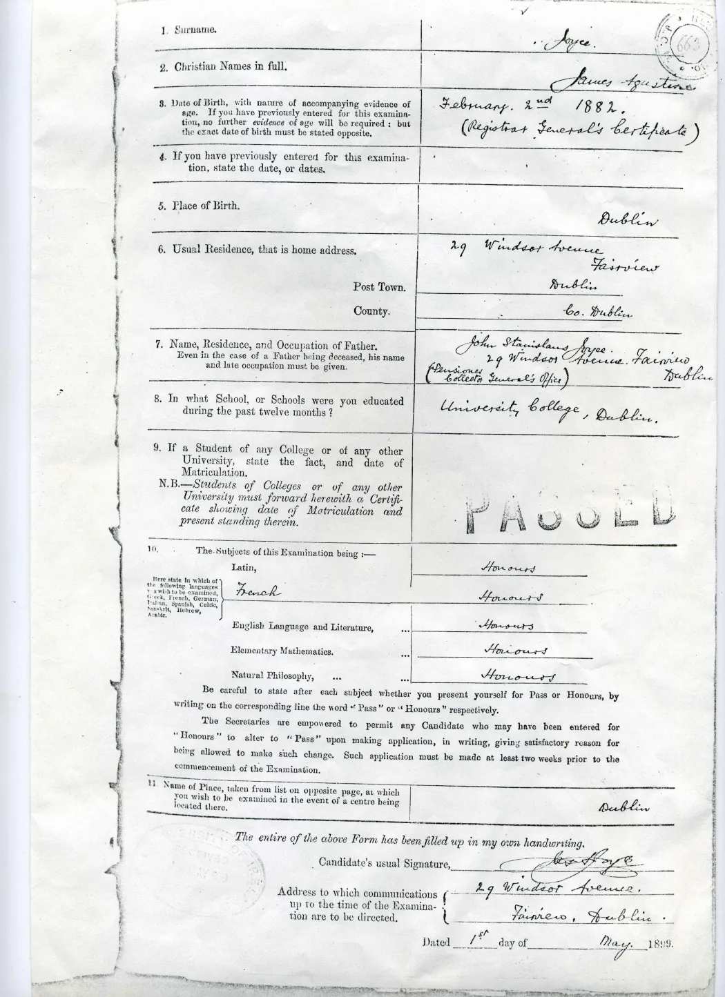 Copy of James Joyce's 1899 application form for matriculation at UCD