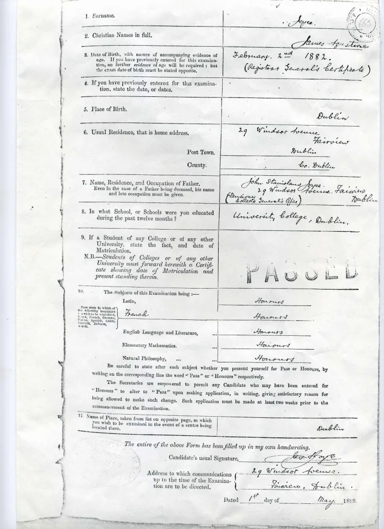 Copy of James Joyce's 1899 application form for matriculation at UCD