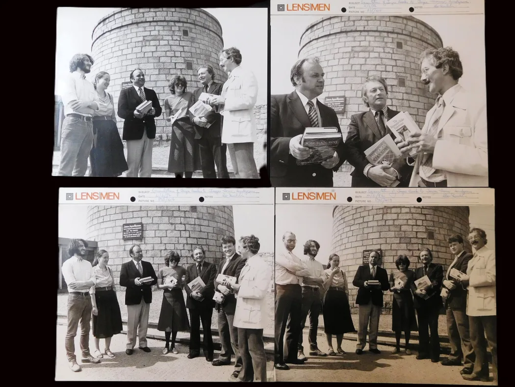 5 photos of book presentation at Joyce Tower, 4 June 1982