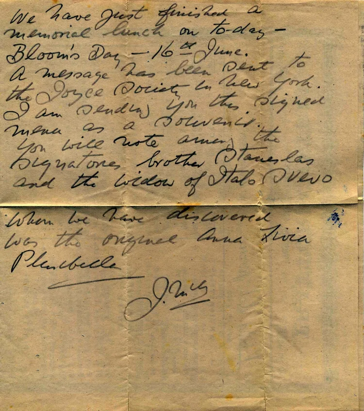 Menu for Bloomsday lunch 1949 in Trieste signed by Stanislaus Joyce et al